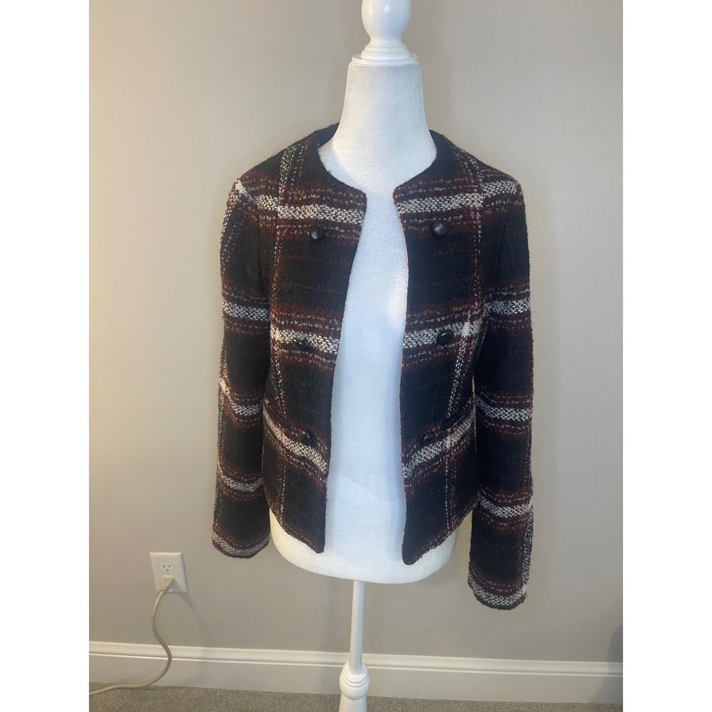 Banana Republic Plaid Tweed Jacket - Collarless,‎ Button Front - Size 6